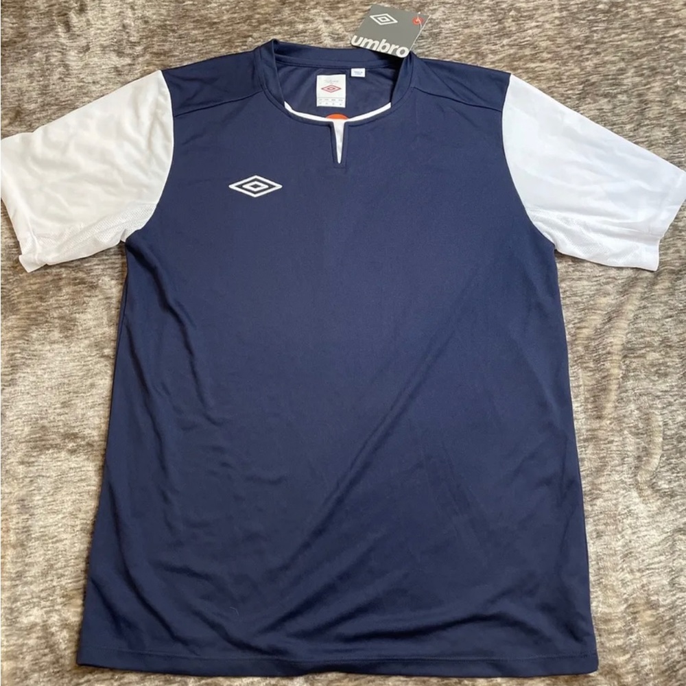 Vintage UMBRO  retro athletic shirt..Navy blue with white accents. Large NWT